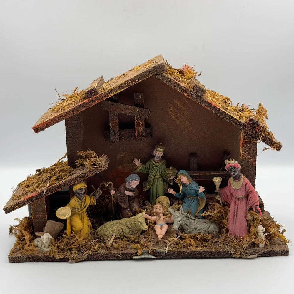 Vintage Italy Nativity Scene Wooden Stable‎ Moss Hand Painted crèche music box